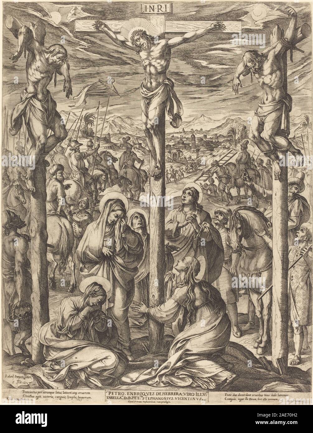 La Crocifissione, 1612 di Antonio tempesta, raffigura la crocifissione di Gesù Cristo con anatomia dettagliata, espressione emotiva e figure circostanti. Il dipinto riflette l'arte religiosa e le convenzioni narrative italiane dell'inizio del XVII secolo. Foto Stock