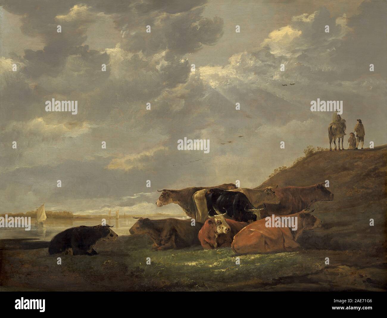 Un paesaggio fluviale pastorale con mucche pascolano lungo la riva del fiume sotto un cielo nuvoloso, dipinto da Aelbert Cuyp tra il 1645 e il 1650. La scena include riflessi d'acqua, alberi lontani e campi ondulati, caratteristici della pittura paesaggistica olandese del secolo d'oro. Foto Stock
