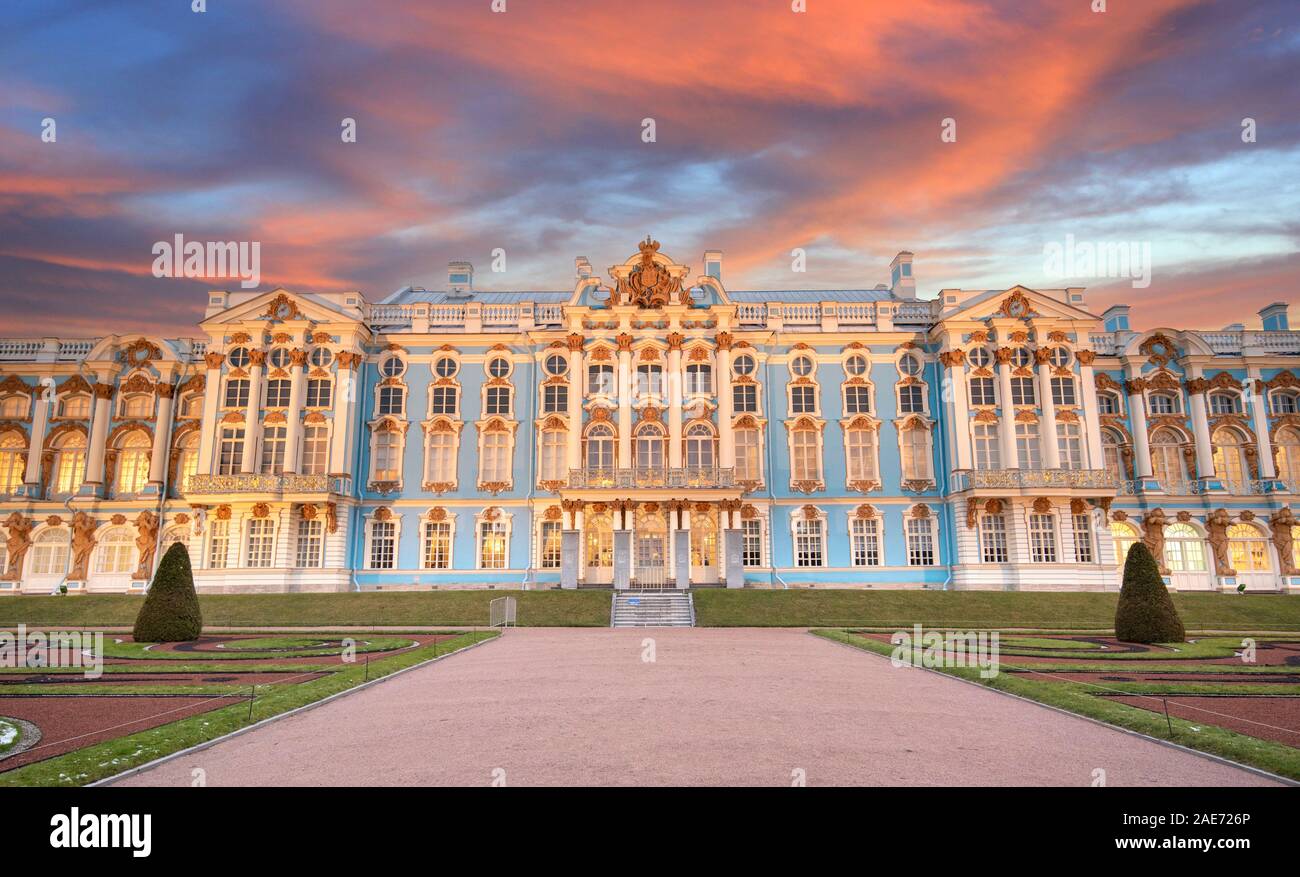Tsarskoye Selo (Pushkin), San Pietroburgo, Russia. Il Palazzo di Caterina. Residenza russa di Romanov Tsars, costruita per l'imperatrice Elisabetta Foto Stock