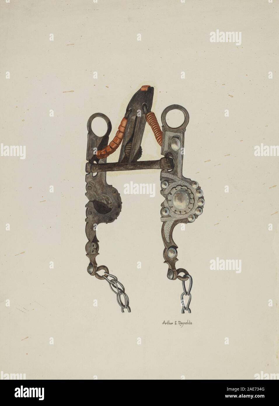 Punta a cavallo in metallo che mostra boccaglio, anelli, steli, giunti, finitura superficiale, e artigianato di Arthur P Reynolds, circa 1940. Foto Stock