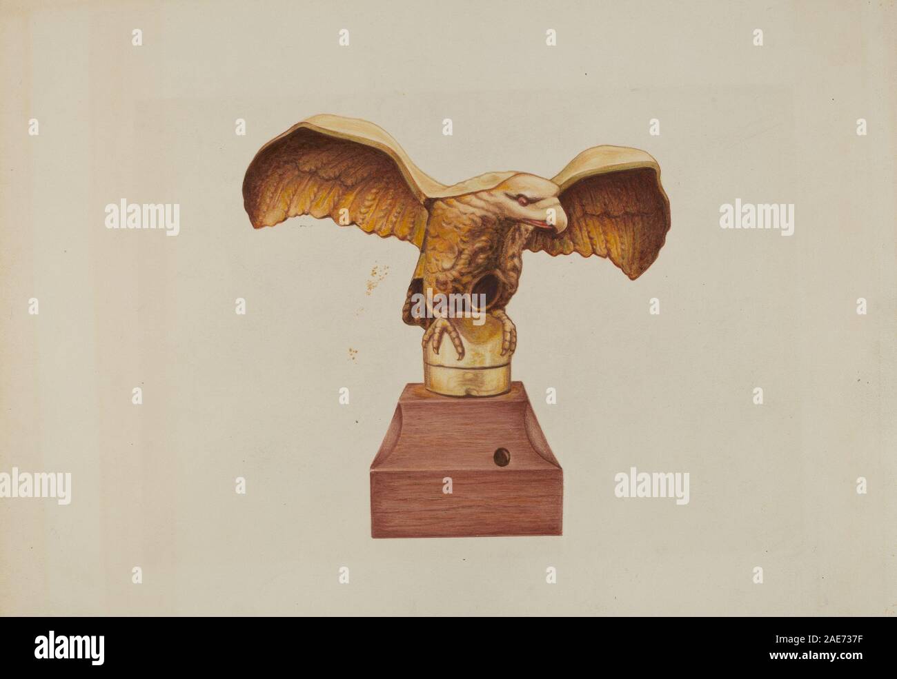 Questo supporto per palo bandiera, creato intorno al 1937 da Arthur Stewart, esemplifica la lavorazione dei metalli funzionali americani del XX secolo, mostrando design di supporto, tecniche di fusione ed elementi decorativi per l'esposizione della bandiera. Foto Stock