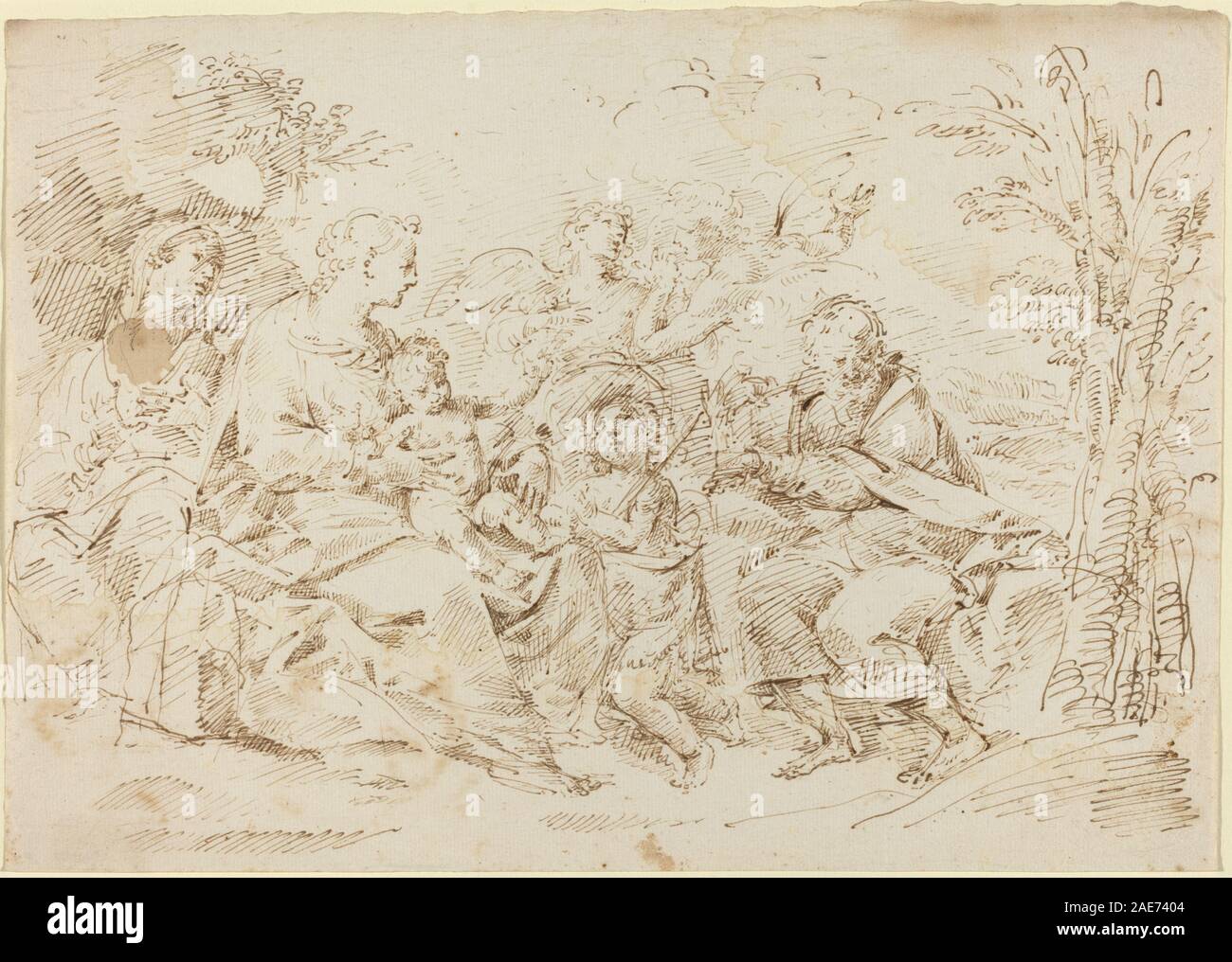 Pittura attribuita a Donato Creti raffigurante la Sacra famiglia con Santa Elisabetta, San Giovanni Battista e due angeli in un paesaggio, evidenziando iconografia religiosa, figure e composizione rinascimentale. Foto Stock
