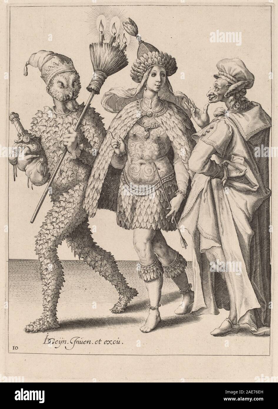 Incisione che mostra un anziano mummer che si rivolge a una coppia vestita con costumi piumati, creata nel 1595-1596, attribuita a Zacharias Dolendo dopo Jacques de Gheyn II, raffigurante figure umane, costume e gesti teatrali. Foto Stock