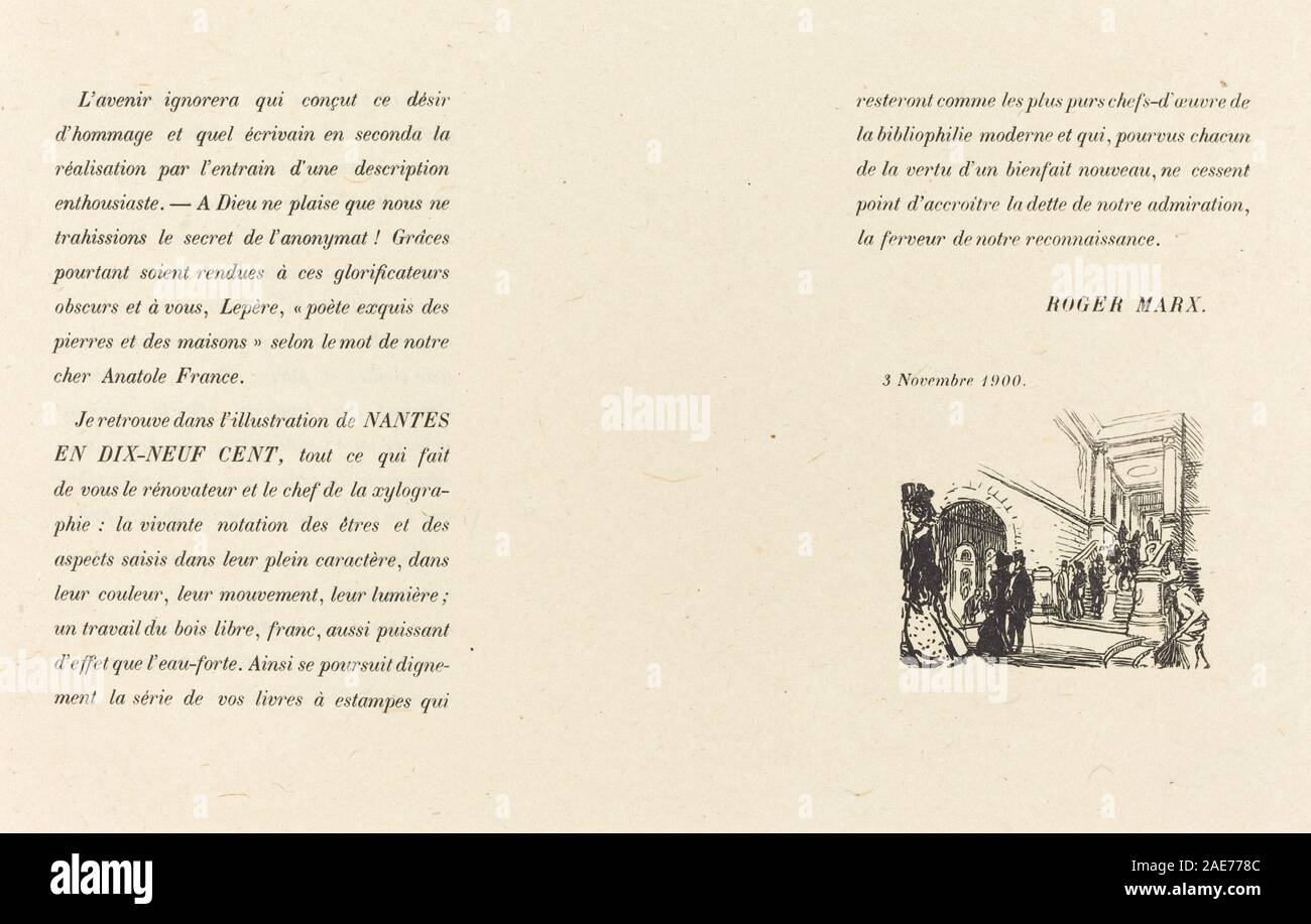 Incisione intitolata "Prefazione", pubblicata nel 1900 da Auguste Lepère, che mostra illustrazioni dettagliate, design di testi e composizione artistica all'inizio del XX secolo. Foto Stock