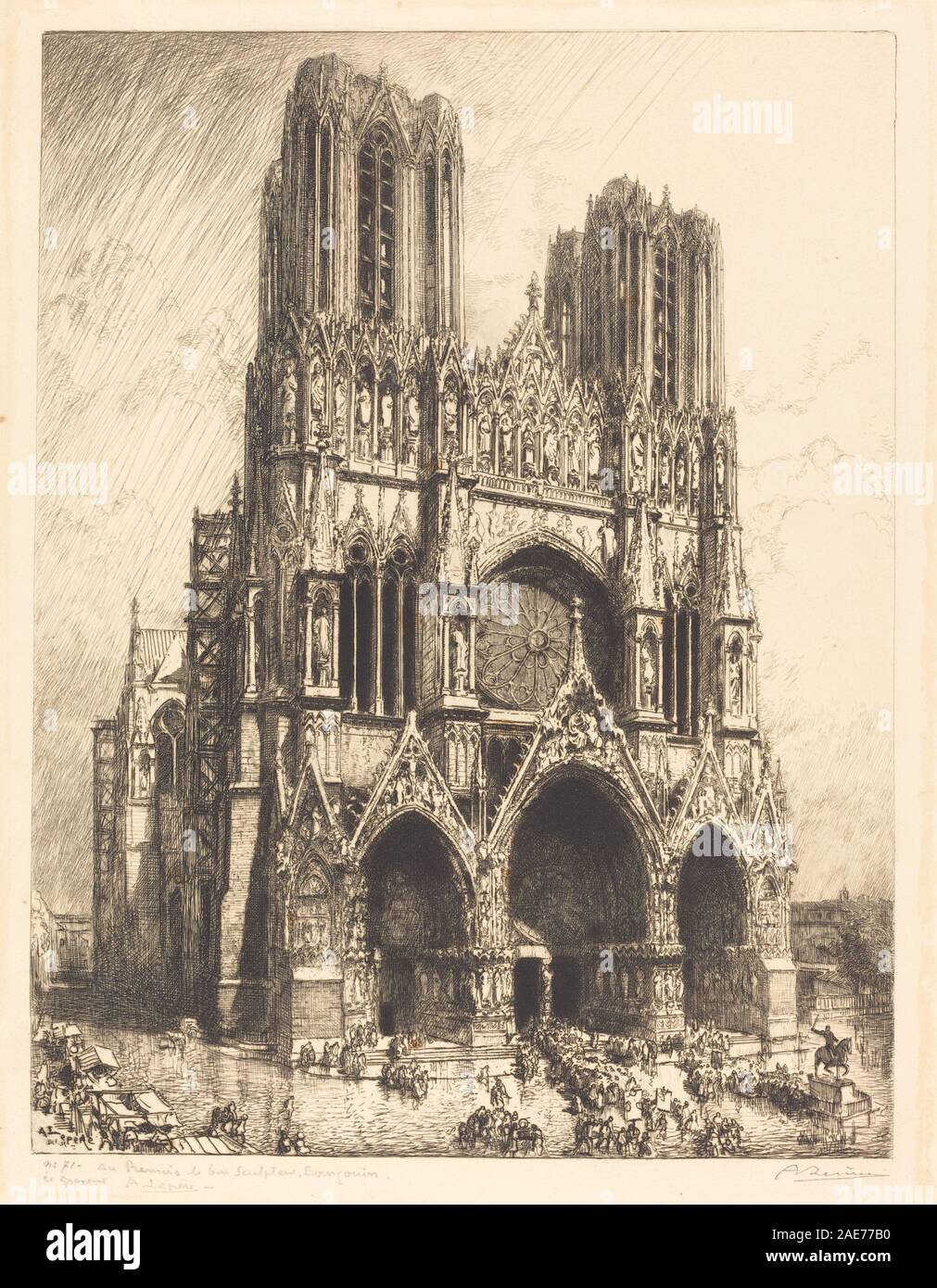 Stampa "Cattedrale di Reims", 1911 di Auguste Lepère, raffigurante la facciata della cattedrale, le torri, l'architettura gotica, le finestre, sculture e dettagli architettonici. Foto Stock
