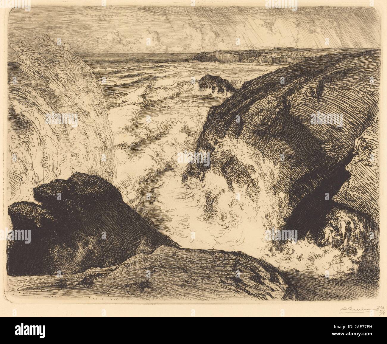 Stampa "marea primaverile, rocce di Sion", 1907 di Auguste Lepère, raffigurante rocce costiere, marea, costa, onde, prospettiva ed elementi compositivi. Foto Stock