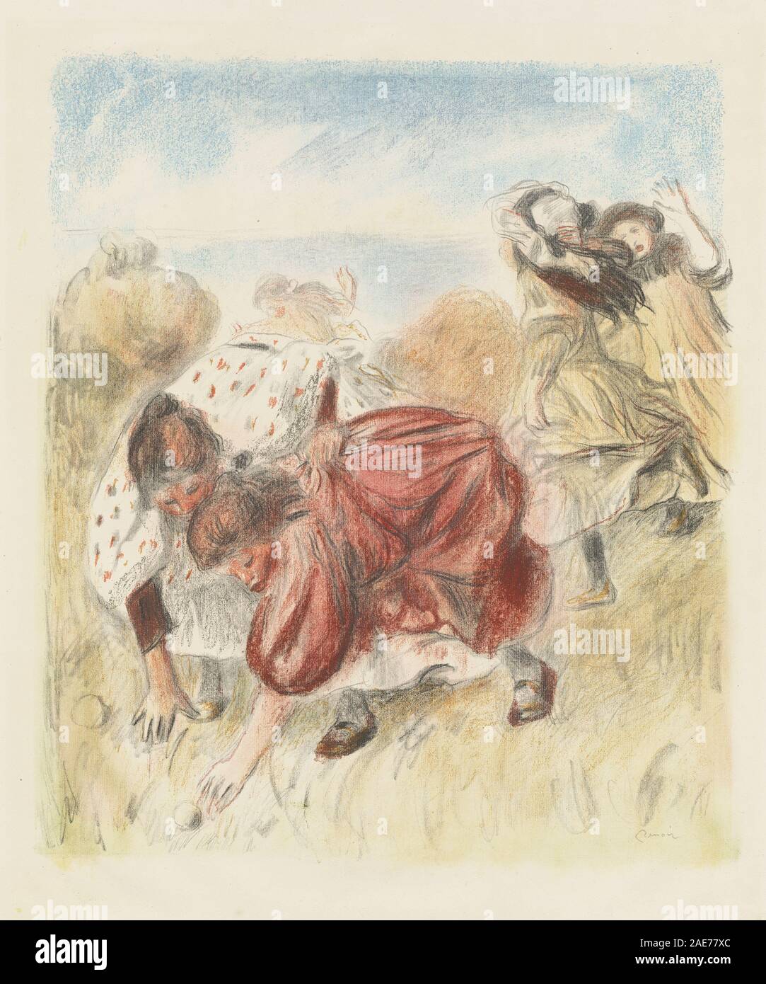 Children Playing Ball, dipinto da Auguste Renoir nel 1900, mostra un gruppo di bambini impegnati in una partita di palla all'aperto. La scena cattura il movimento, le espressioni e i dettagli dell'abbigliamento dei bambini. Lo sfondo presenta alberi e dintorni naturali, mettendo in risalto l'interazione sociale e le attività di svago tra i bambini durante questo periodo. Foto Stock