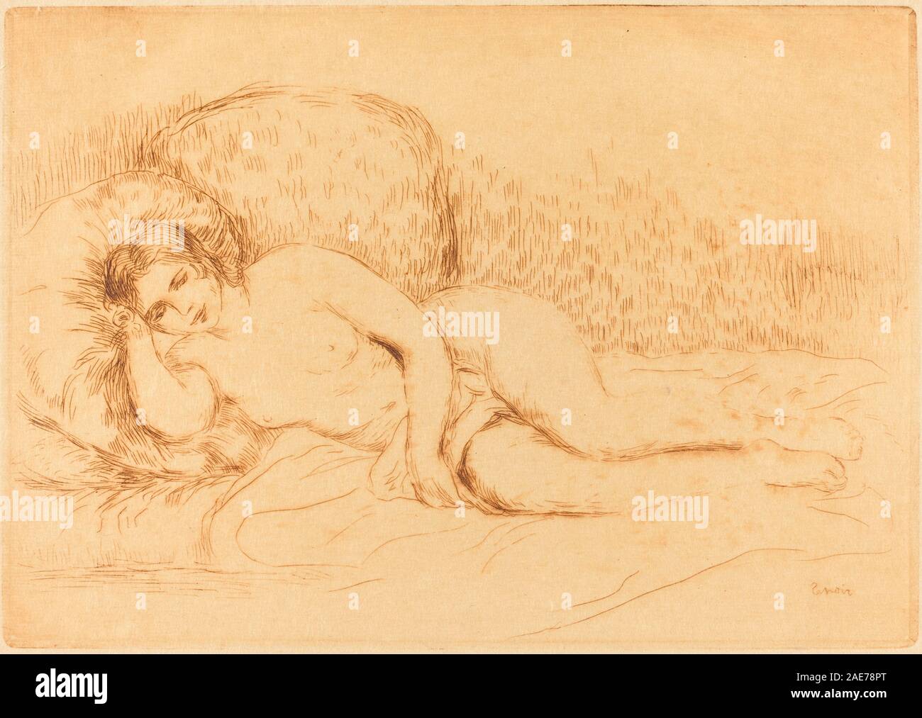 Dipinto di Auguste Renoir del 1906 raffigurante una donna sdraiata, raffigurante figura, tendaggi, espressione, tono della pelle, e stile impressionista caratteristico della ritrattistica dei primi anni del XX secolo. Foto Stock