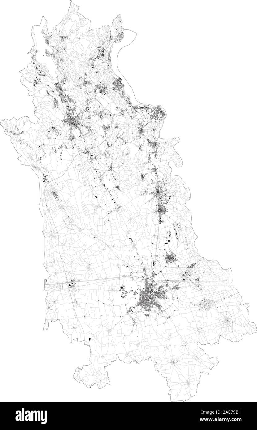 Mappa satellitare della provincia di Novara, città e strade, edifici e strade di collegamento delle aree circostanti. Il Piemonte, Italia. Mappa strade, strade Illustrazione Vettoriale