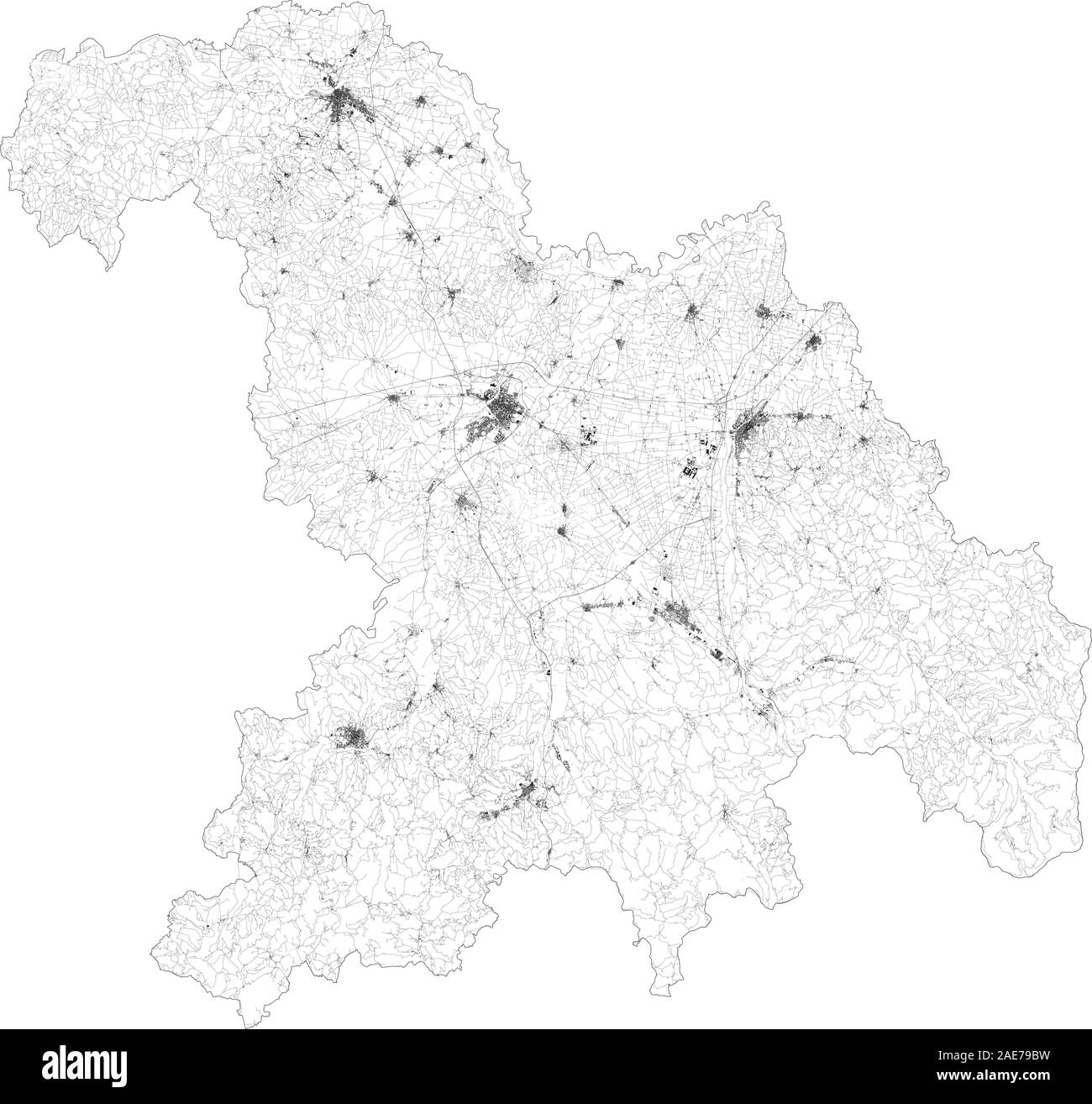 Mappa satellitare della provincia di Alessandria, città e strade, edifici e strade di collegamento delle aree circostanti. Il Piemonte, Italia. Mappa strade, strade Illustrazione Vettoriale