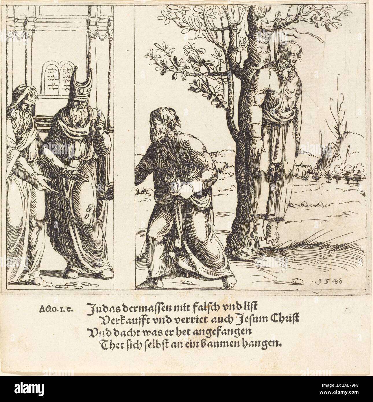 Giuda restituisce i trenta sicli d'argento; 1548data Augustin Hirschvogel, Giuda restituisce i trenta pezzi d'argento, 1548 Foto Stock