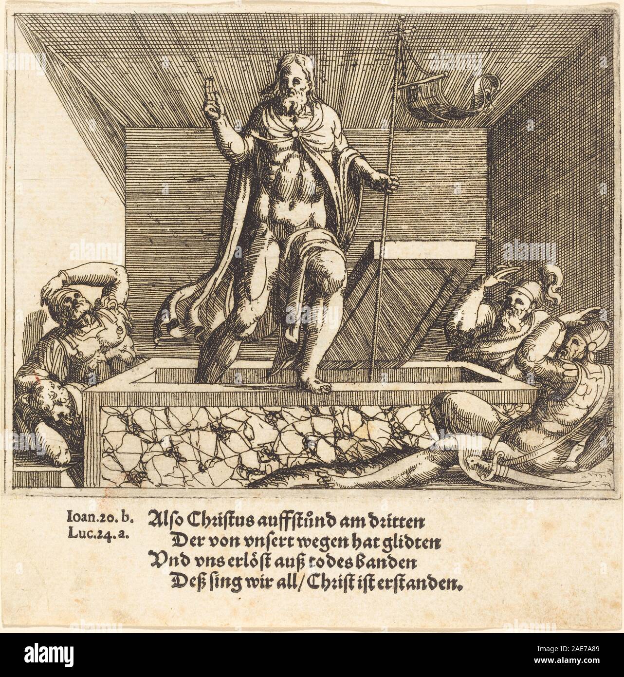 Questa incisione di Augustin Hirschvogel raffigura la Resurrezione di Cristo. L'opera sottolinea la figura di Cristo, i gesti, i tendaggi e gli elementi circostanti che illustrano l'evento biblico. Foto Stock