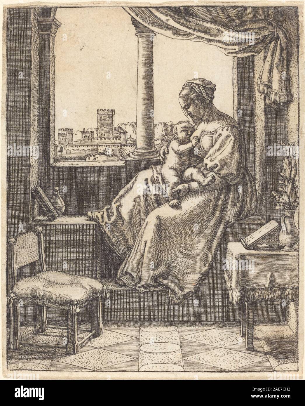 Incisione di Barthel Beham raffigurante la Vergine a una finestra, raffigurante figure, gesti, espressione facciale, elementi architettonici, e luce e ombra. Foto Stock