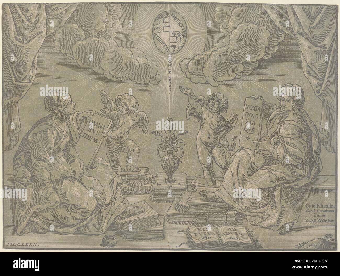 Un'opera d'arte intitolata "Thesis" creata nel 1640 da Bartolomeo Coriolano su Guido reni, raffigurante temi classici e tecniche di incisione del XVII secolo. Foto Stock