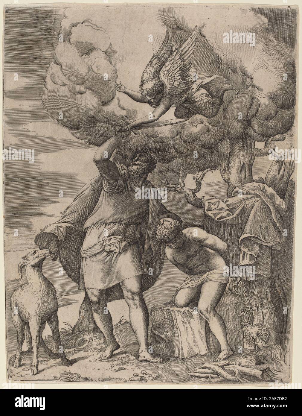 Un dipinto di Battista Franco del 1550 raffigurante la storia biblica di Abramo che si prepara a sacrificare Isacco, mostrando figure, gesti e composizione rinascimentale. Foto Stock