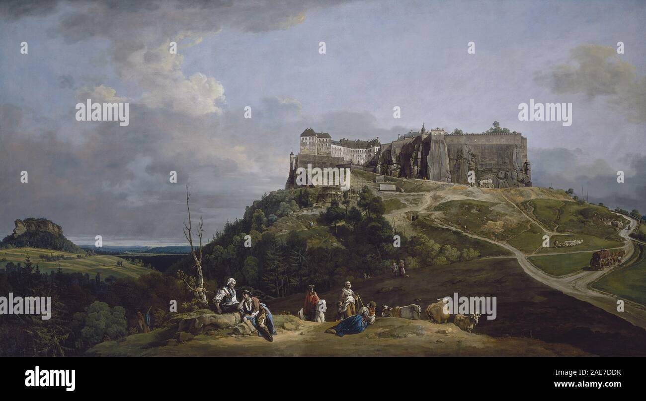 Questo dipinto di Bernardo Bellotto, realizzato tra il 1756 e il 1758, raffigura la Fortezza di Königstein, mostrando dettagli architettonici, paesaggio circostante, fortificazioni e caratteristiche topografiche con una prospettiva precisa. Foto Stock
