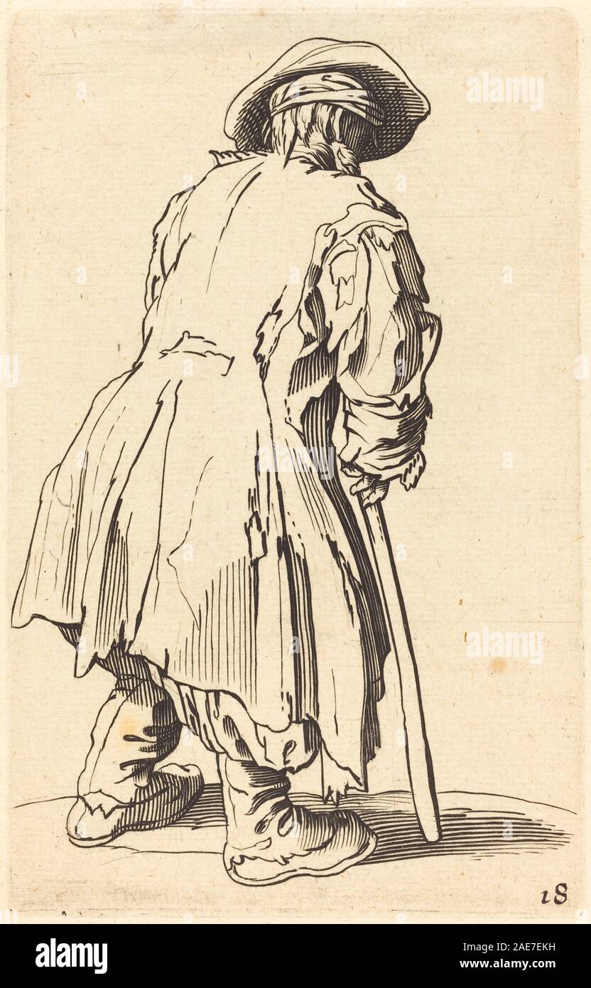Incisione raffigurante un vecchio mendicante con una stampella, creata dopo Jacques Callot, che mostra figura, postura, abbigliamento e rappresentazione sociale. Foto Stock