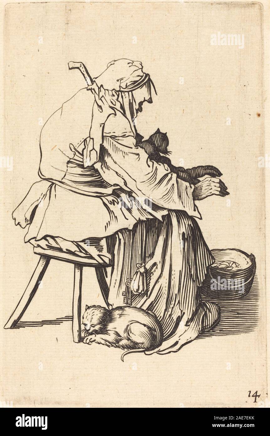 Incisione dopo Jacques Callot raffigurante una vecchia donna con gatti. Il lavoro illustra gli animali domestici, la figura umana e la prima stampa europea moderna. Foto Stock