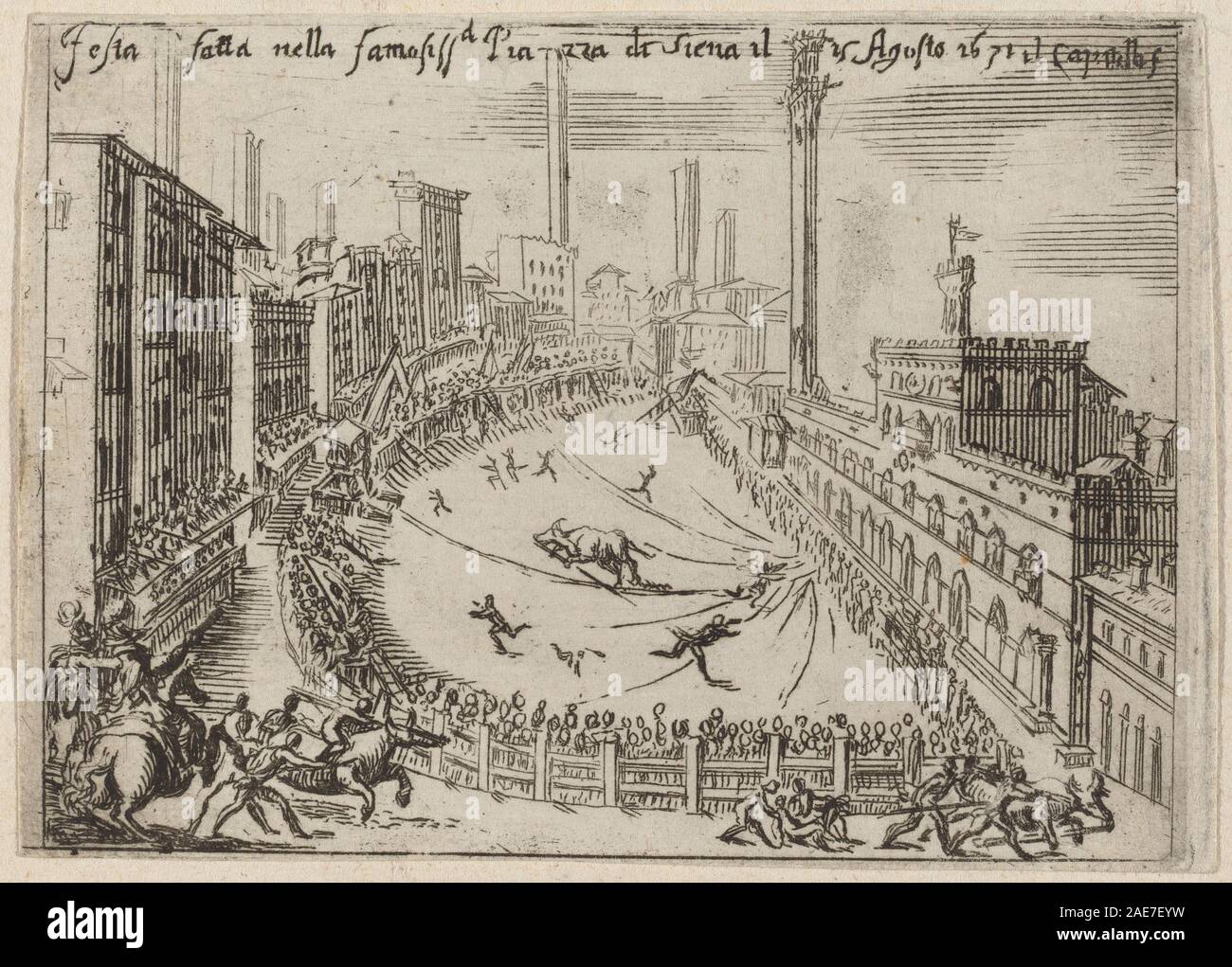 Questa incisione del 1631 di Bernardino Capitelli raffigura la piazza di Siena. Il lavoro sottolinea elementi architettonici, layout urbano, figure umane, prospettiva e tecniche di incisione dettagliate. Foto Stock