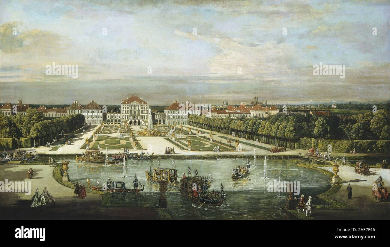 Questo dipinto di Bernardo Bellotto, risalente al 1761 circa, raffigura il castello di Nymphenburg a Monaco di Baviera. L'opera enfatizza l'architettura, la prospettiva, la facciata del palazzo, il paesaggio circostante e il contesto urbano. Foto Stock