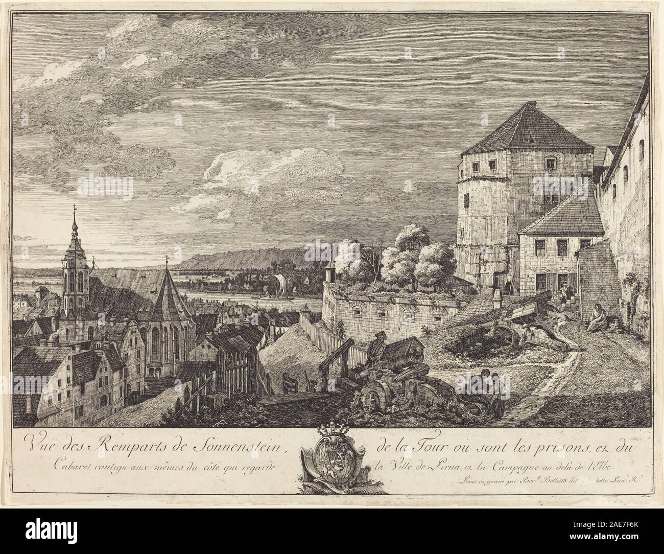 Pittura Vista dei bastioni di Sonnenstein di Bernardo Bellotto, che mostra le mura, i bastioni, gli edifici circostanti, le strade, e il paesaggio urbano europeo del XVIII secolo. Foto Stock