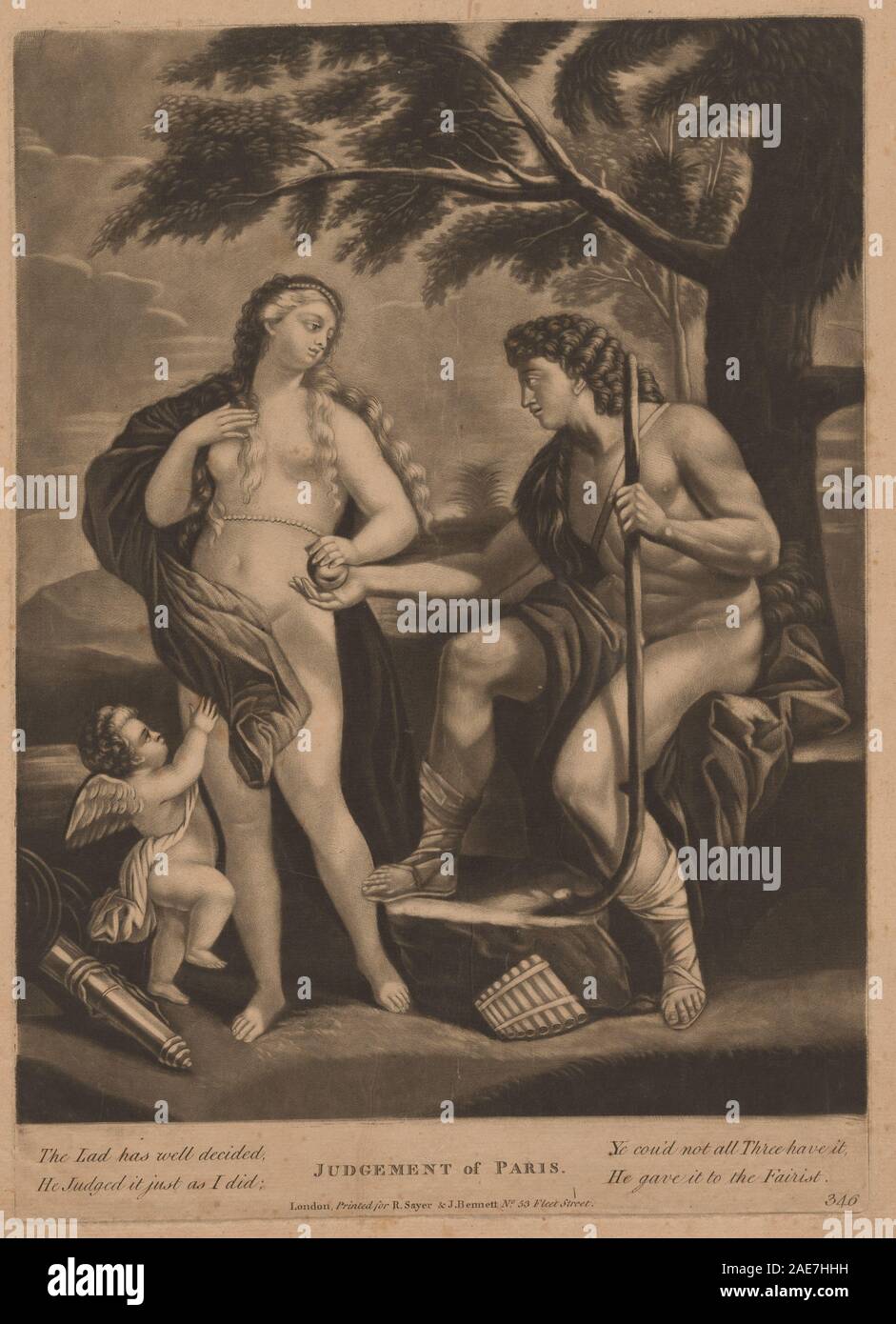 Un dipinto britannico del XVIII secolo degli anni '1770-'1780 che raffigura il giudizio di Parigi, mostrando figure mitologiche, costumi classici e scene narrative. Foto Stock