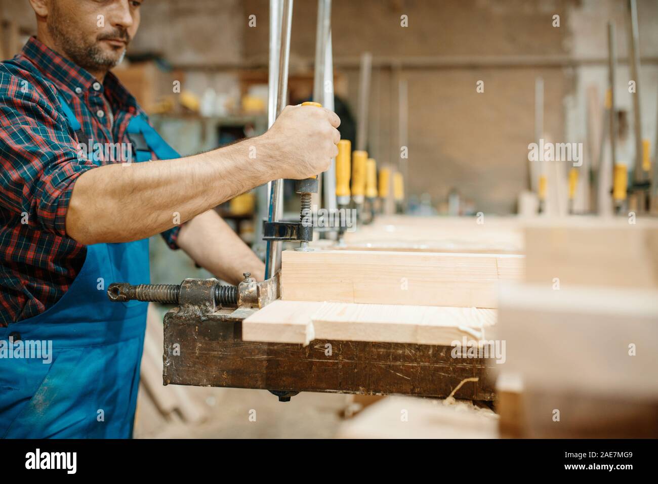 Carpenter serra il bordo in una morsa, macchine per la lavorazione del legno Foto Stock