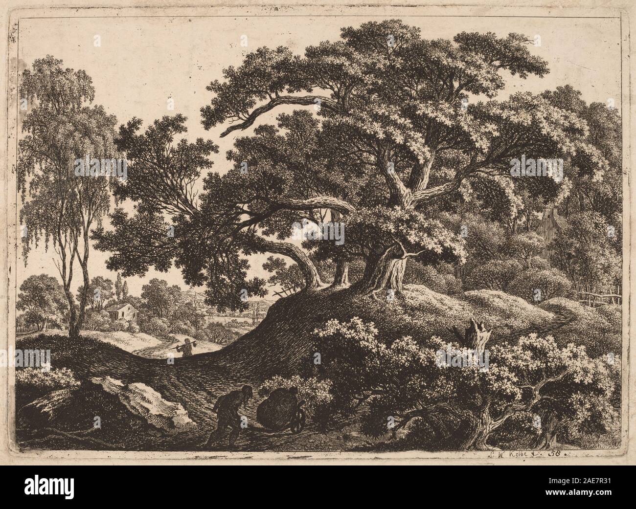 Un dipinto di Carl Wilhelm Kolbe che raffigura un paesaggio con un uomo che spinge un carro, mostrando terreno, vegetazione, figura umana e attività rurale. Foto Stock