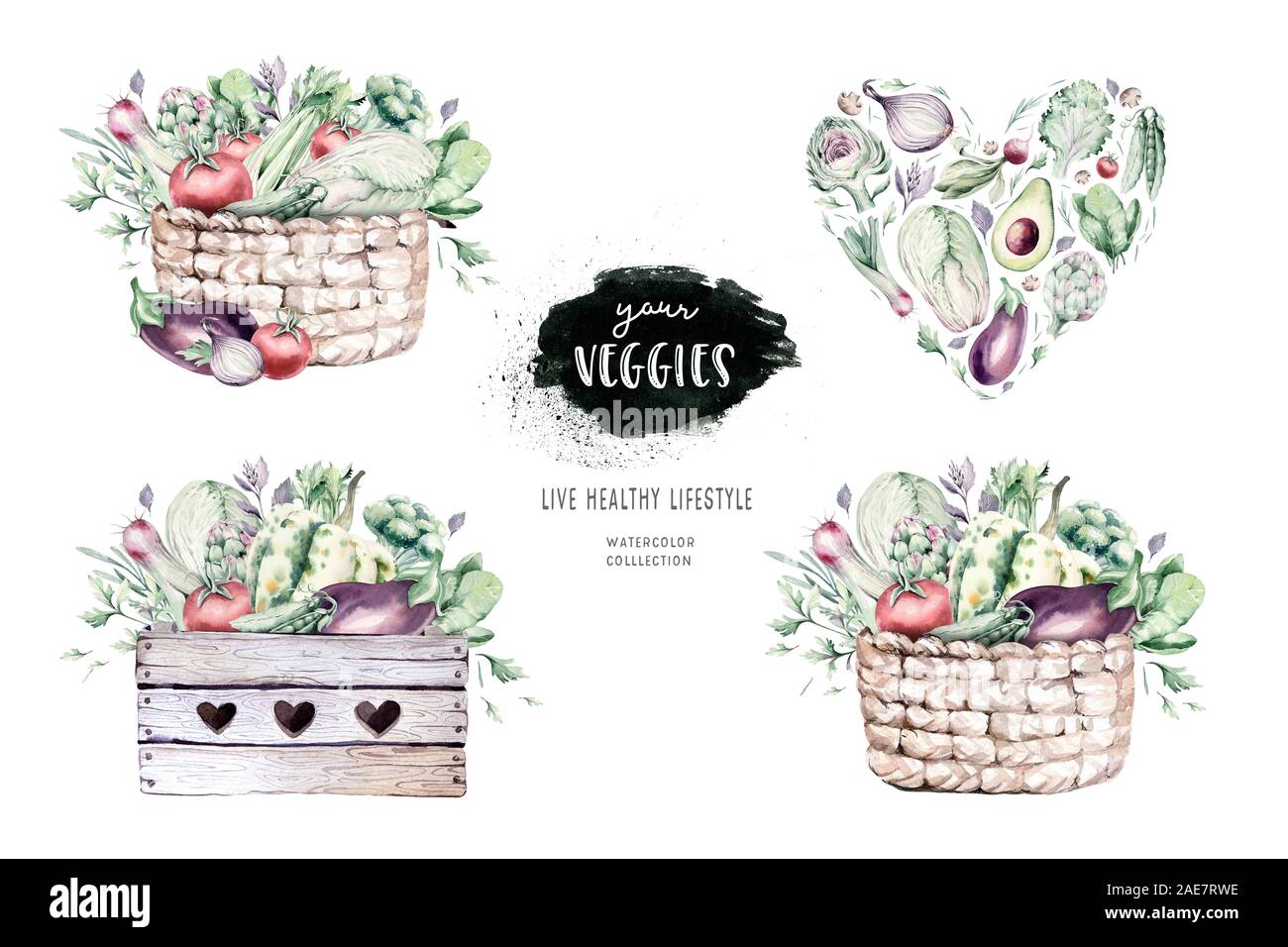 Ortaggi sani acquerello organico scatola di legno e cesto di vimini con peperone, porri, cipolle e avocado illustrazione di rosmarino. Isolato di lattuga Foto Stock