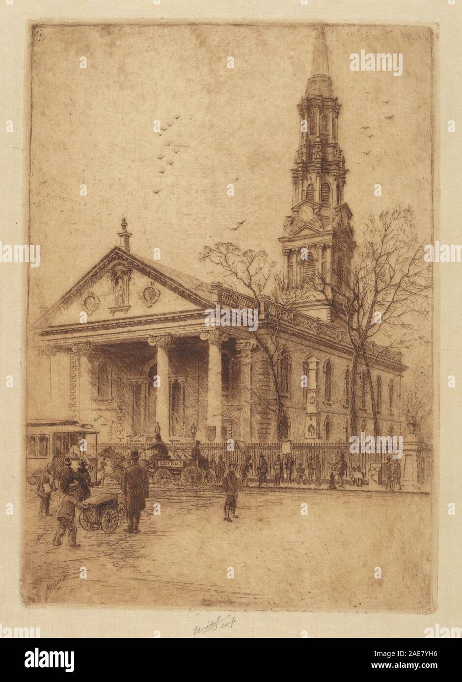 Un'incisione della chiesa di St. Paul a Broadway a New York creata nel 1906 da Charles Frederick William Mielatz, che mostra la facciata della chiesa, la guglia, le finestre e il paesaggio urbano circostante. Foto Stock