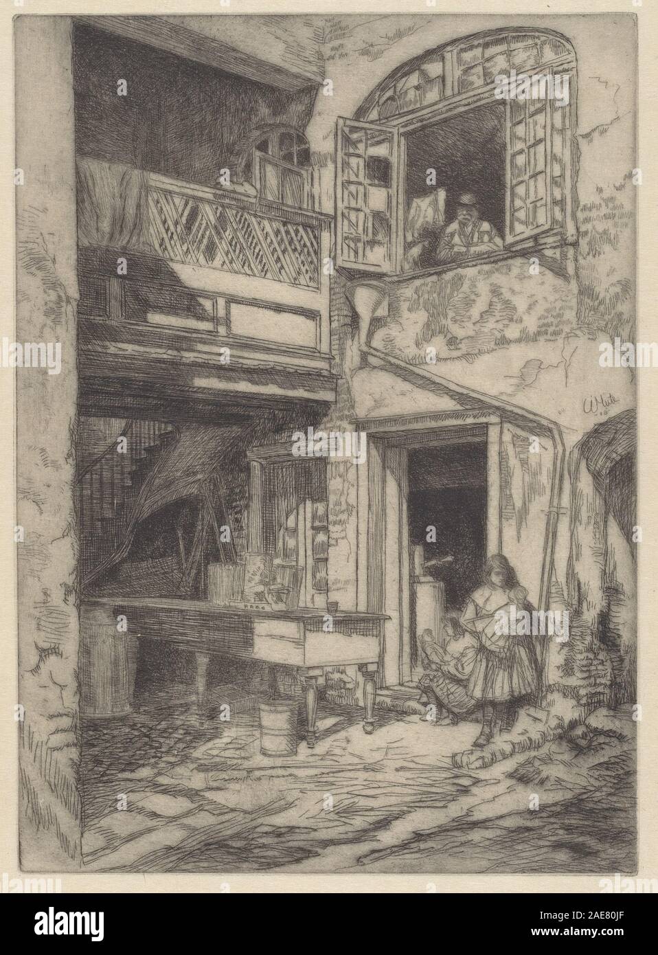 Raffigura un vecchio cortile di New Orleans che mostra edifici, porte, finestre, terra di ciottoli, recinzioni, vegetazione, e luce atmosferica, dipinta da Charles Henry White nel 1906. Foto Stock