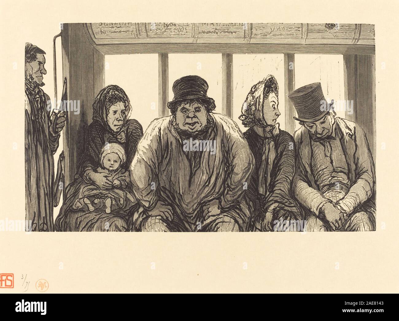 L'interno di un Omnibus, di Charles Maurand dopo Honoré Daumier nel 1864, raffigura i passeggeri seduti in una carrozza trainata da cavalli. L'incisione mette in risalto figure umane, posti a sedere, abbigliamento, spazio interno, gesti, disposizione spaziale e progettazione dei trasporti. Riflette l'illustrazione di genere francese della metà del XIX secolo e l'osservazione sociale. Foto Stock