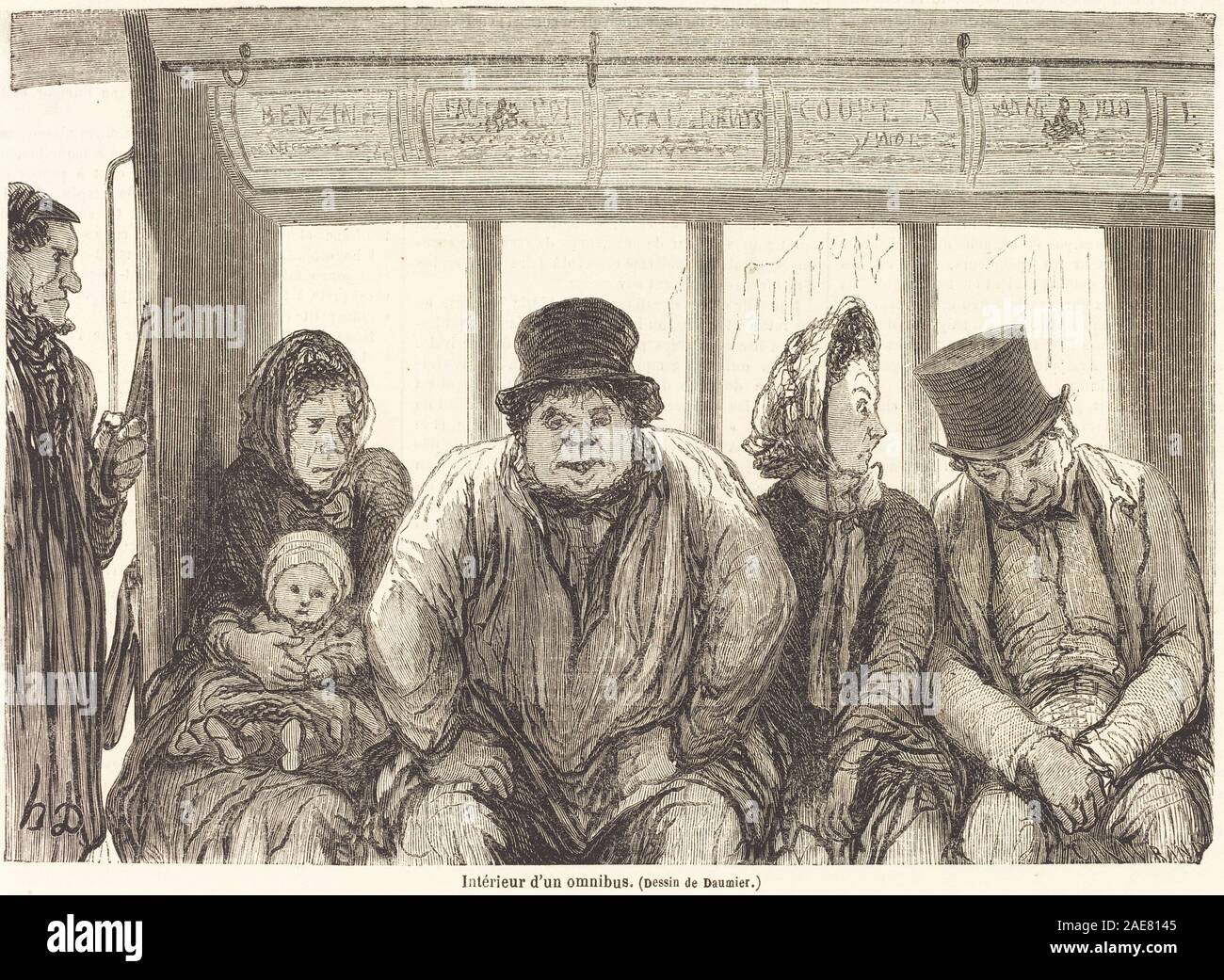L'interno di un Omnibus (metà inferiore), pubblicato nel 1864 da Charles Maurand dopo Honoré Daumier, raffigura i passeggeri seduti all'interno di una carrozza pubblica trainata da cavalli. L'opera enfatizza figure umane, posti a sedere, abbigliamento, spazio interno, composizione, design gestuale e di trasporto. Riflette l'illustrazione di genere francese del XIX secolo e l'osservazione sociale. Foto Stock