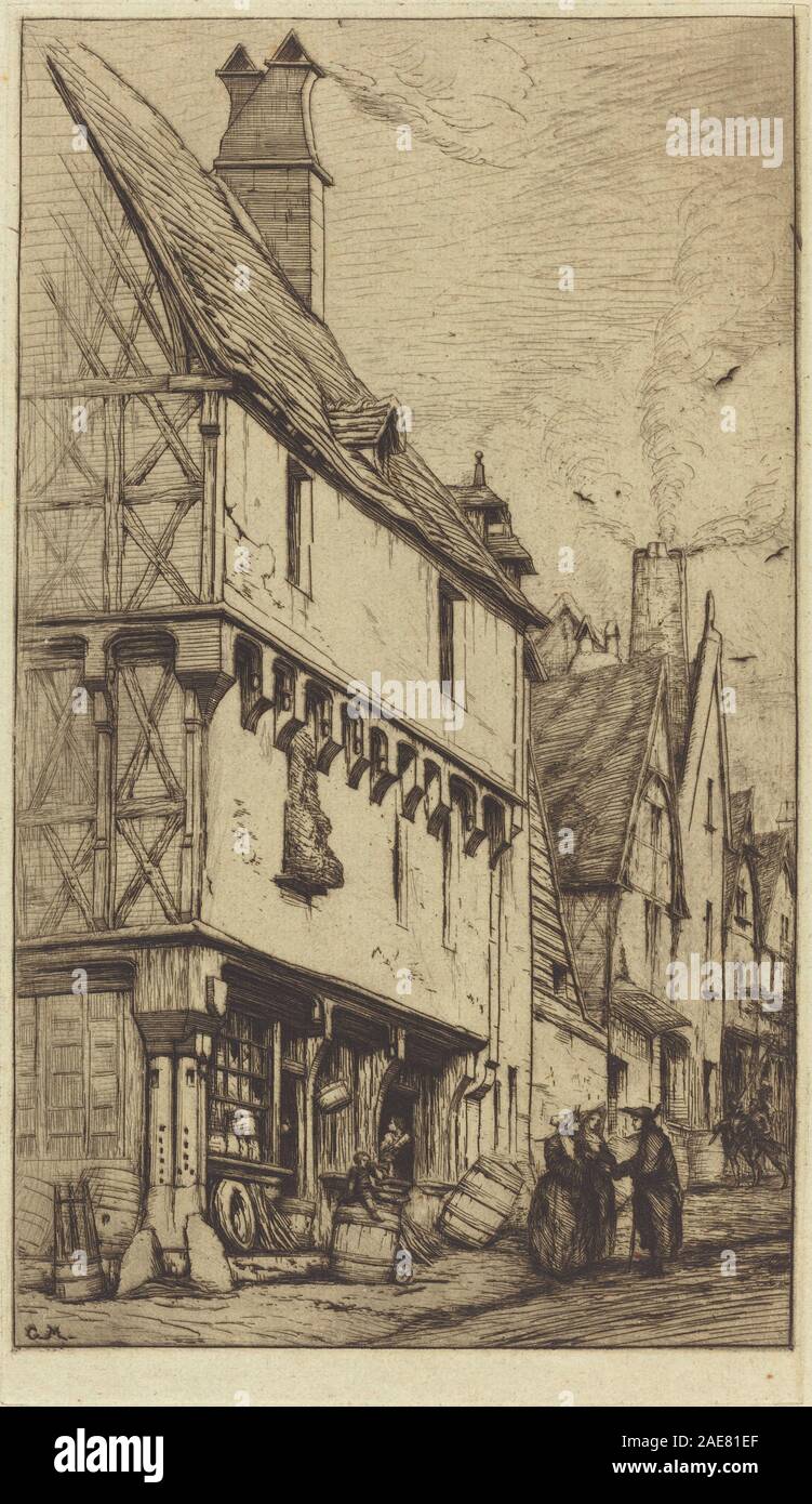 Un'incisione di una vecchia casa a Bourges creata nel 1860 da Charles Meryon, che mostra la facciata dell'edificio, il tetto, le finestre, i dettagli architettonici e il paesaggio urbano della Francia della metà del XIX secolo. Foto Stock