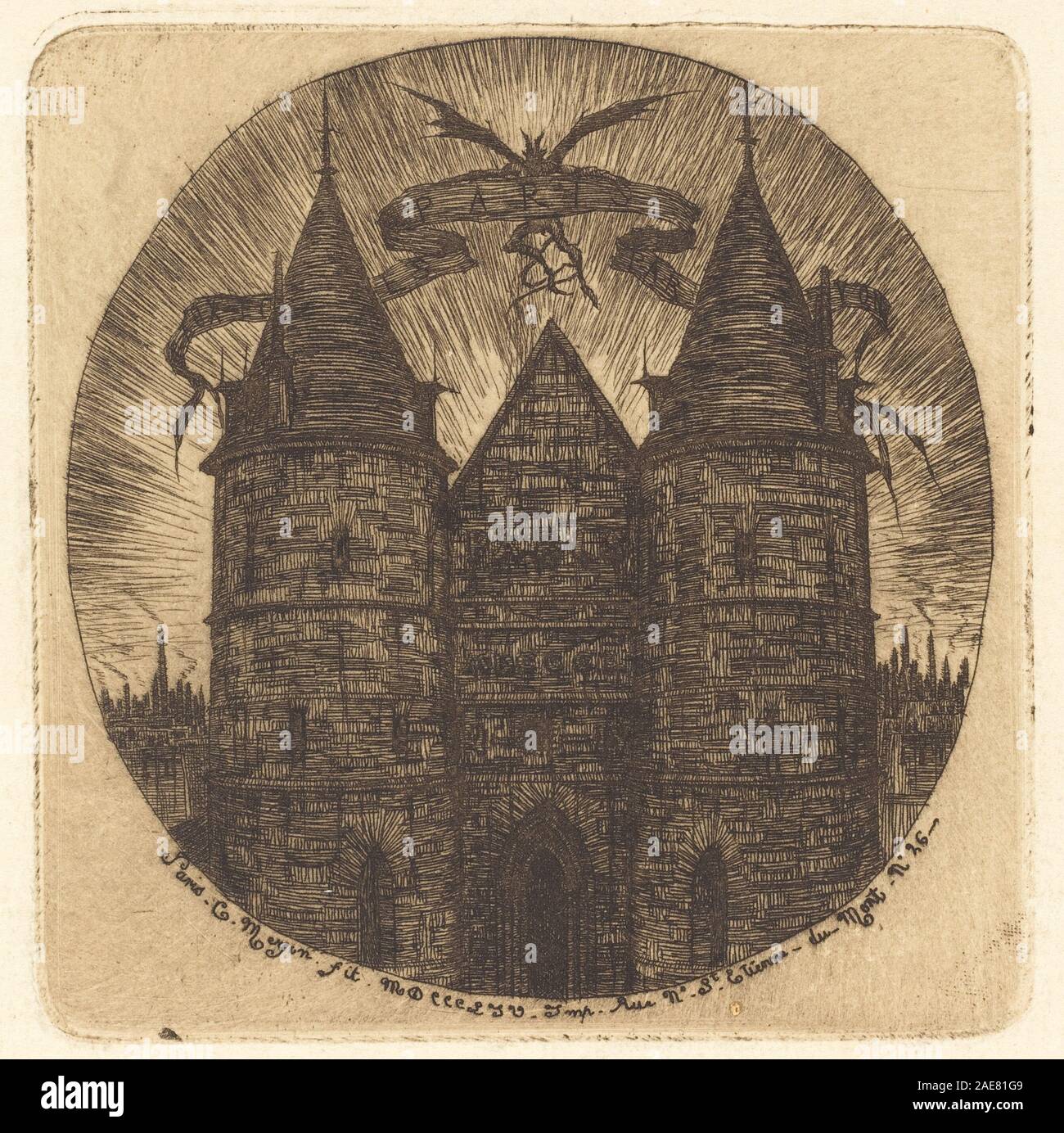 Un'incisione del 1854 di Charles Meryon che mostra l'antica porta del Palazzo di giustizia di Parigi. L'opera enfatizza i dettagli architettonici, la facciata e il design urbano storico. Foto Stock