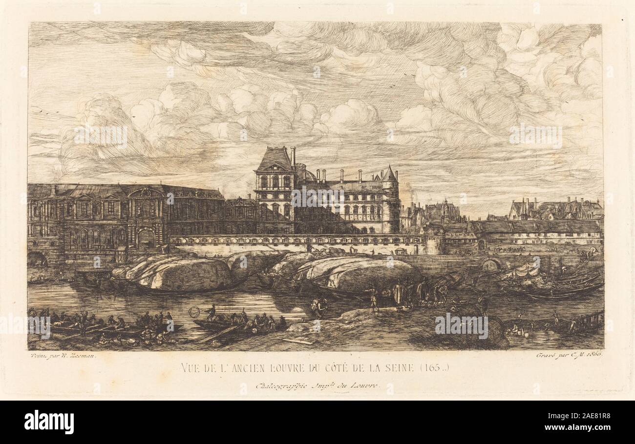 Raffigura il Vecchio Louvre di Parigi basato su un dipinto di Zeeman, che mostra la facciata dell'edificio, le torri, le finestre, la linea del tetto, dettagli architettonici e paesaggio urbano circostante, disegnati da Charles Meryon nel 1866. Foto Stock