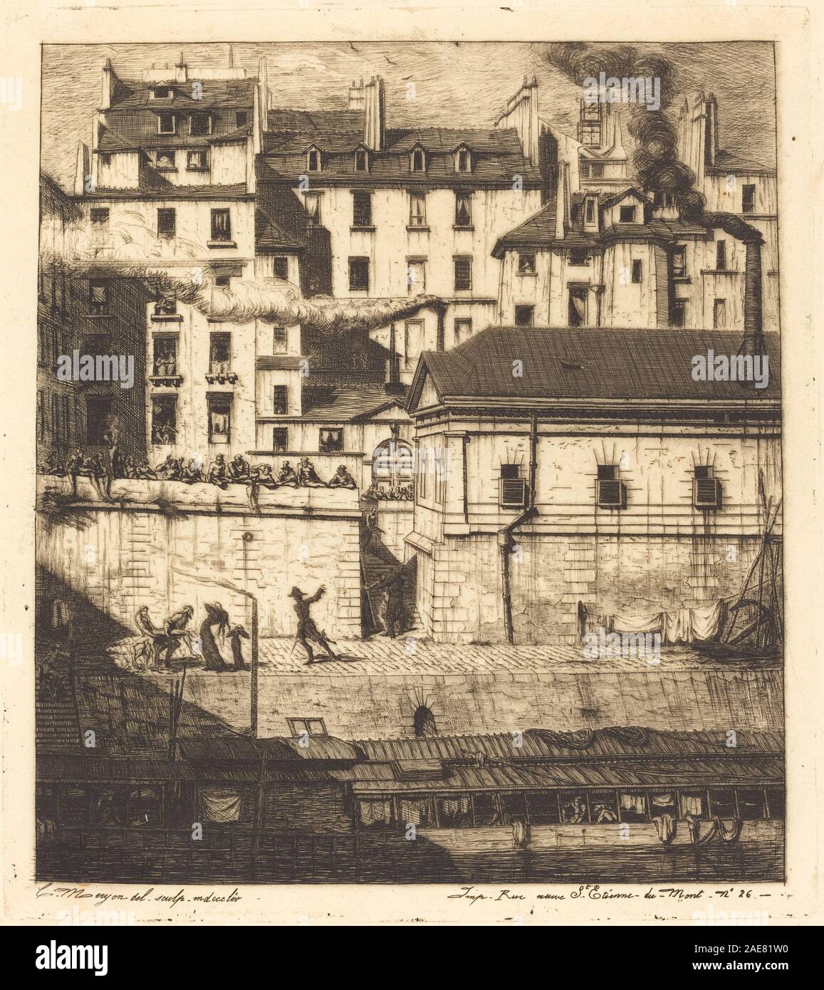 Raffigura l'edificio funerario di Parigi che mostra gli esterni, i dettagli architettonici, le finestre, le porte, le strade circostanti, e ambientazione urbana, disegnata da Charles Meryon nel 1854. Foto Stock