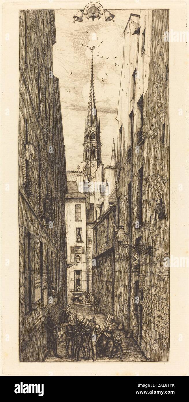Raffigura Chantrey Street a Parigi, con disposizione stradale, edifici, finestre, porte, pedoni, negozi, marciapiedi di ciottoli e paesaggio urbano, disegnati da Charles Meryon nel 1862. Foto Stock