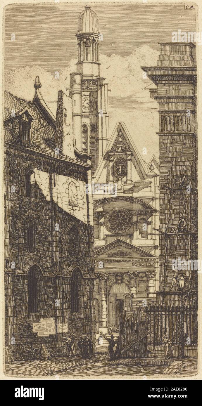 Raffigura la Chiesa di Saint-Etienne-du-Mont a Parigi, con l'architettura esterna, i dettagli gotici e rinascimentali, le guglie, le finestre, la facciata, la vista sulla strada, e il paesaggio urbano circostante, disegnato da Charles Meryon nel 1852. Foto Stock