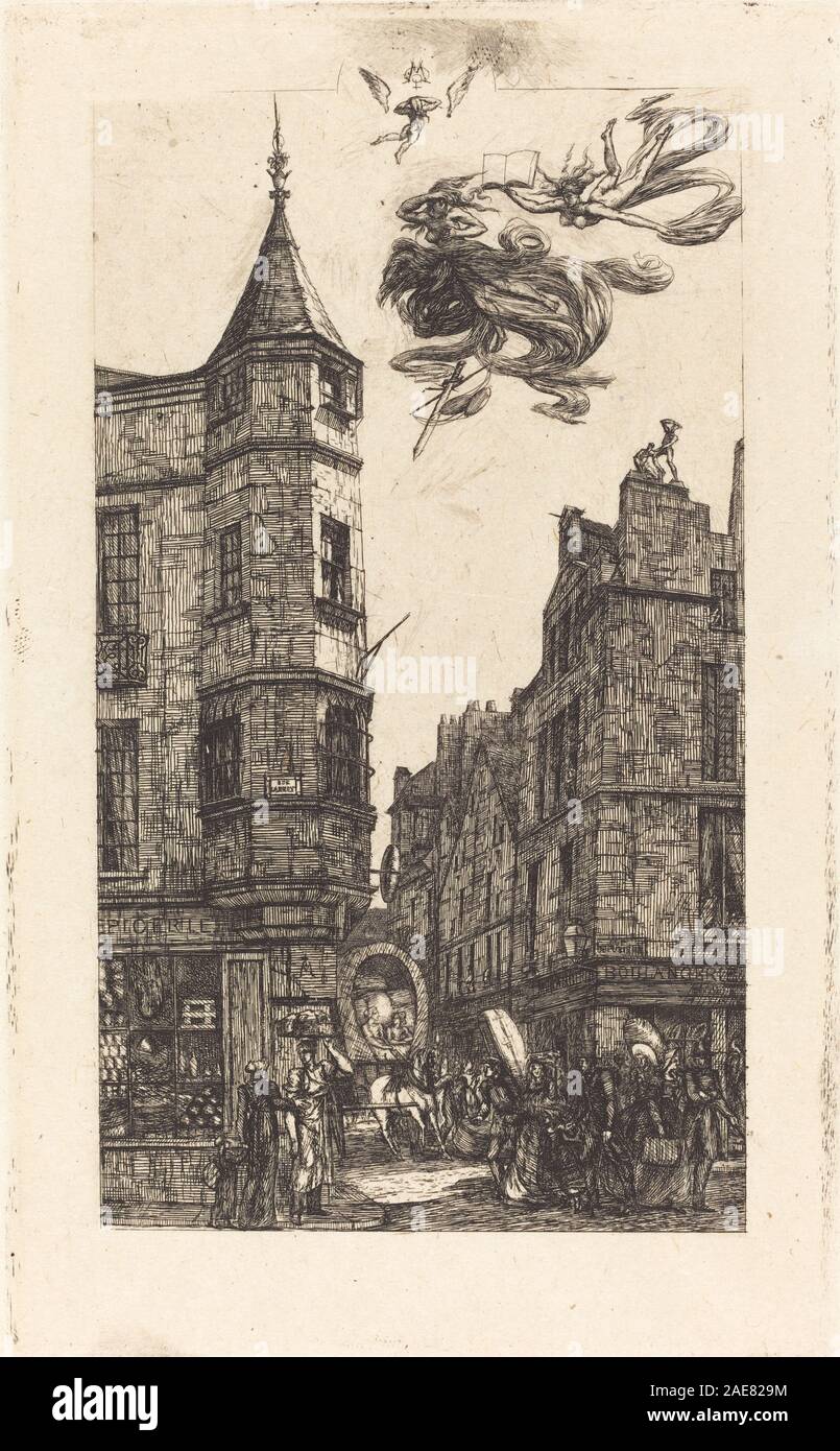 Un'incisione del 1861 di Charles Meryon raffigurante un edificio parigino al numero 22 di Rue de l'École de Médecine con una torretta. I dettagli architettonici riflettono il design urbano parigino del XIX secolo. Foto Stock