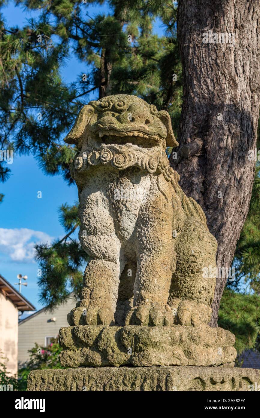 Lion-dog, o komainu, a Mikawa,Giappone. Queste statue tradizionali sono visti in coppie nella maggior parte dei santuari e sono destinate ad allontanare gli spiriti maligni. Foto Stock