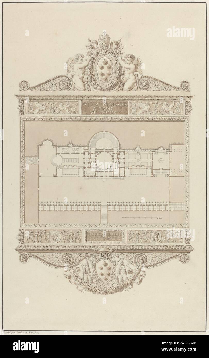 Un disegno di Villa Madama a Roma creato prima o nel 1809 da Charles Percier e Pierre-Francois-Léonard Fontaine, che mostra l'architettura della villa, i giardini, la facciata, le finestre e il paesaggio circostante. Foto Stock