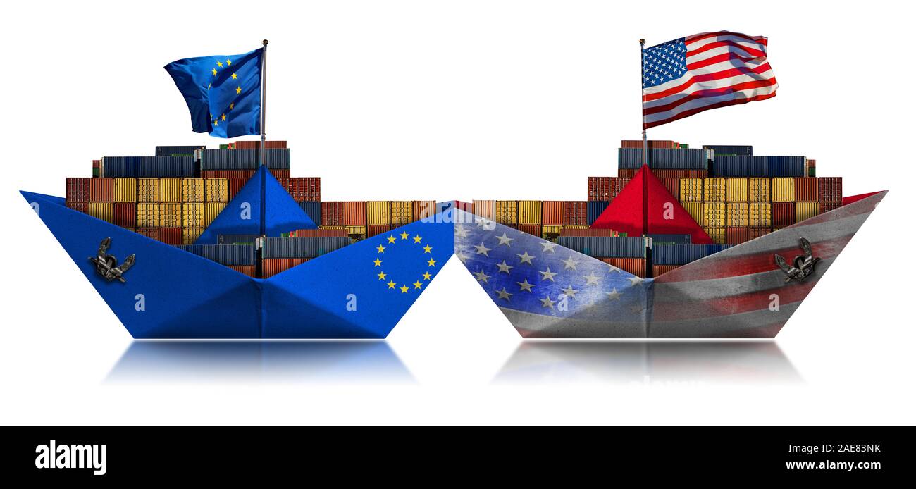 USA e UE per il commercio il concetto di guerra. Collisione di due container di navi con l' Unione europea e gli Stati Uniti d'America bandiera. Isolato su bianco Foto Stock