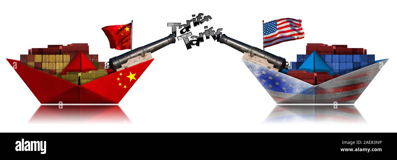 Stati Uniti e Cina guerra commerciale concetto. Due contenitore di carico di navi con cannoni che il fuoco delle tariffe e il cinese e bandiera degli Stati Uniti. Isolato su sfondo bianco Foto Stock