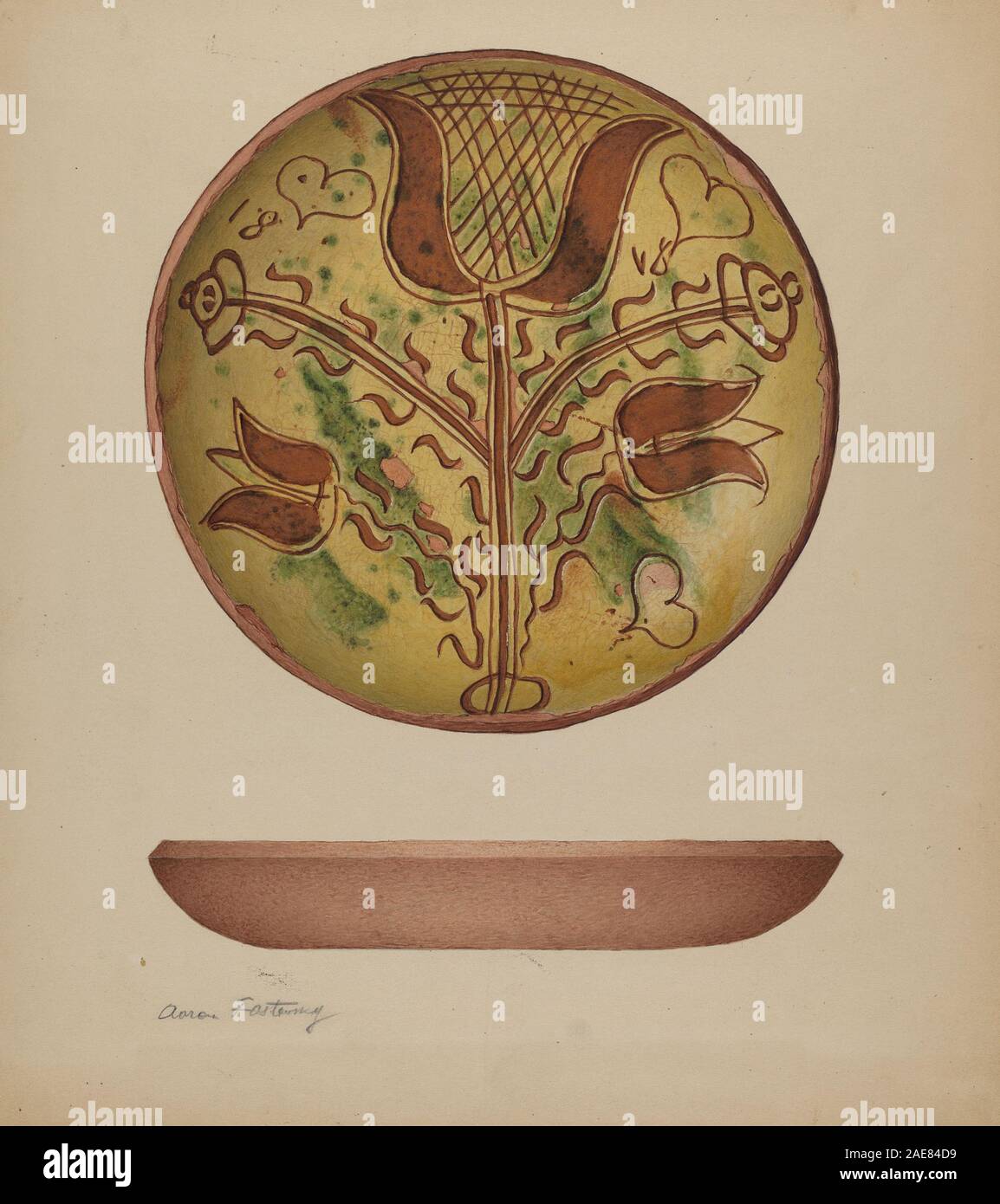 Un piatto di ceramica tedesco della Pennsylvania creato intorno al 1941 da Aaron Fastovsky. Il piatto presenta tradizionali motivi decorativi caratteristici dell'arte popolare tedesca della Pennsylvania, tra cui motivi stilizzati e disegni dipinti. Foto Stock