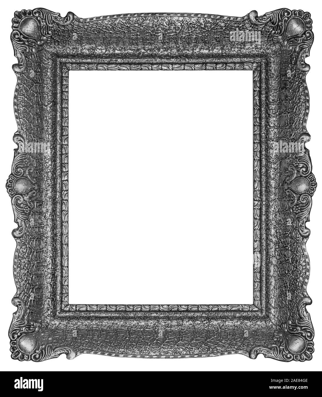 In legno antico placcato argento telaio rettangolo isolati su sfondo bianco Foto Stock