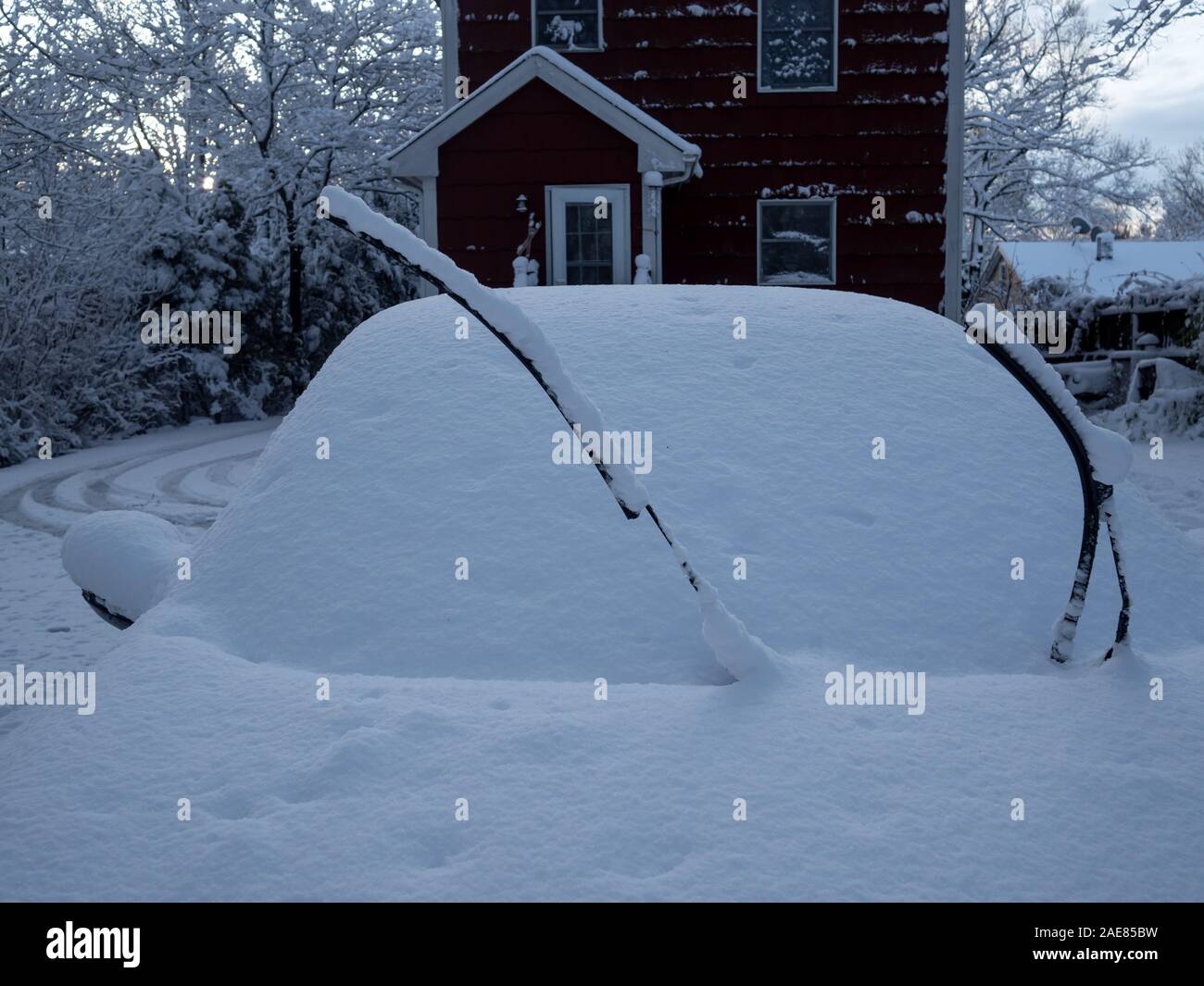 Auto nel cortile dopo la prima tempesta di neve della stagione nell'America del Nord Est Foto Stock