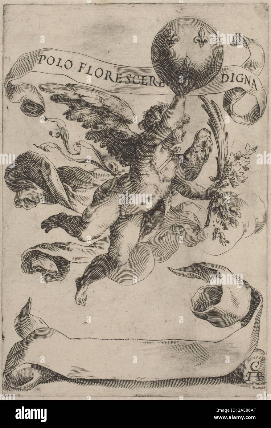 Genius con il francese Royal Stemma; circa 1600 data Cherubino Alberti, Genius con il francese Royal Stemma, c 1600 Foto Stock