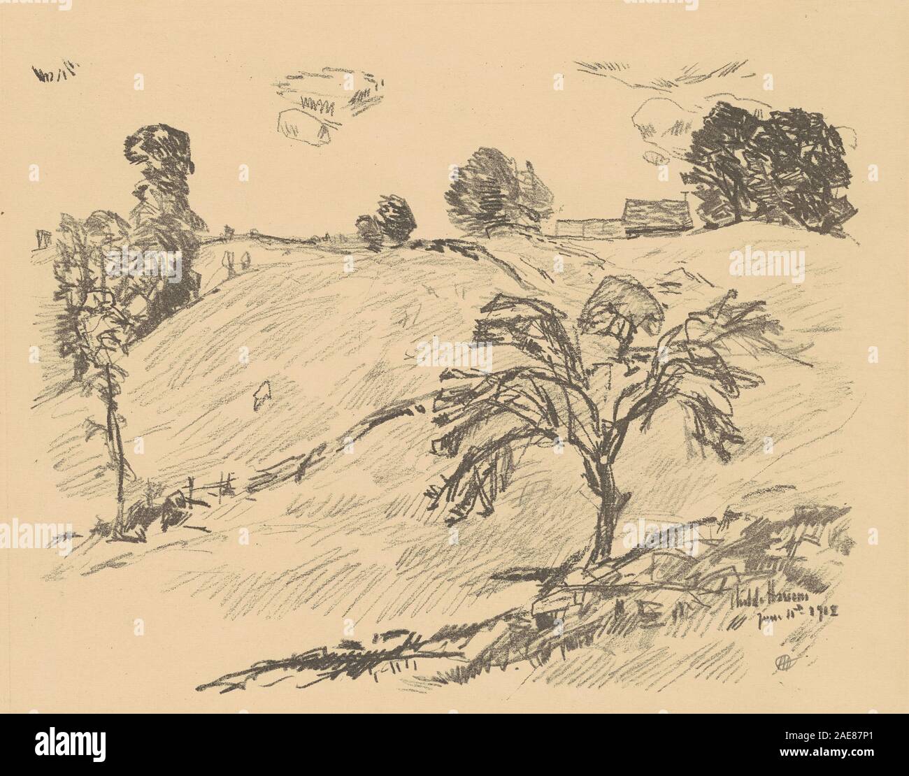 Un dipinto impressionista di Childe Hassam creato nel 1918, intitolato "la terra del cenno", che illustra un paesaggio sereno con alberi, campi e luce atmosferica. Foto Stock