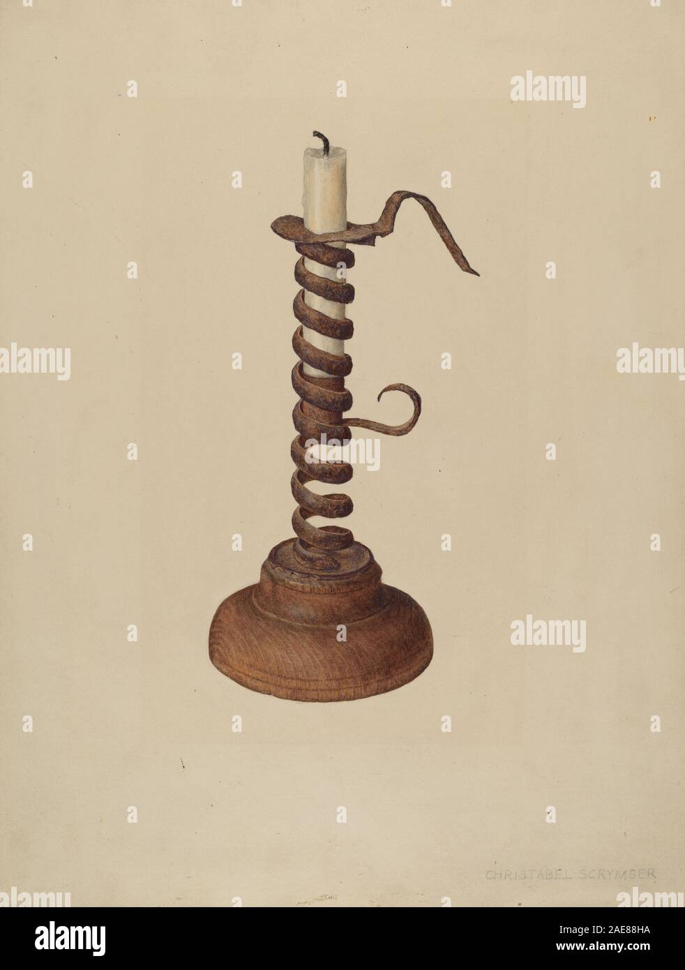 Candeliere in metallo Christabel Scrymser, 1935-1942, che mostra base, stelo, supporto per candela, proporzioni e design decorativo. Foto Stock